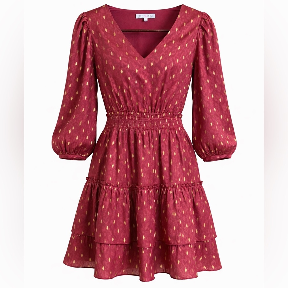 Joy Joy Burgundy Tiered Mini Dress | Smocked Waist Puff Sleeve | Size Small